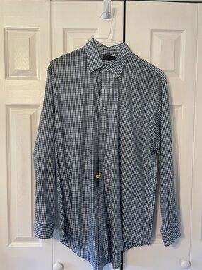 Lands' End Men's Navy and White Check Button-Down Shirt